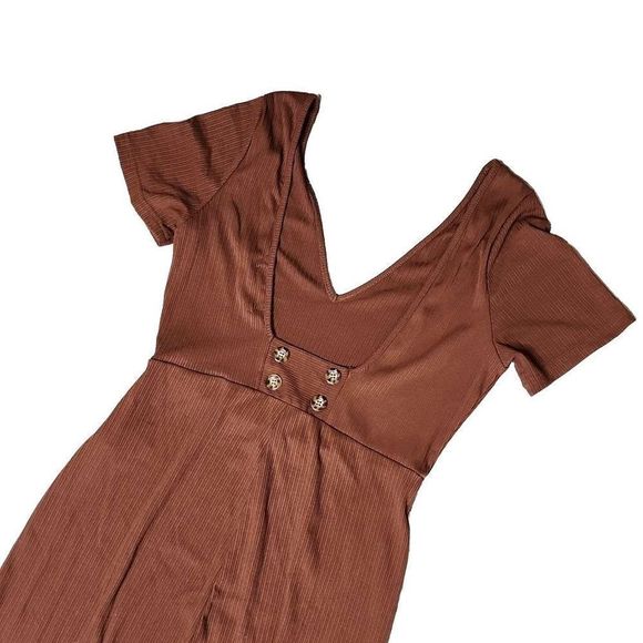 Urban outfitters deep v brown ribbed short sleeve flare leg jumpsuit - Picture 7 of 8